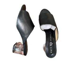 Katy Perry The Landen Black Leather Slide Sandals Clear Block Heel 9.5M